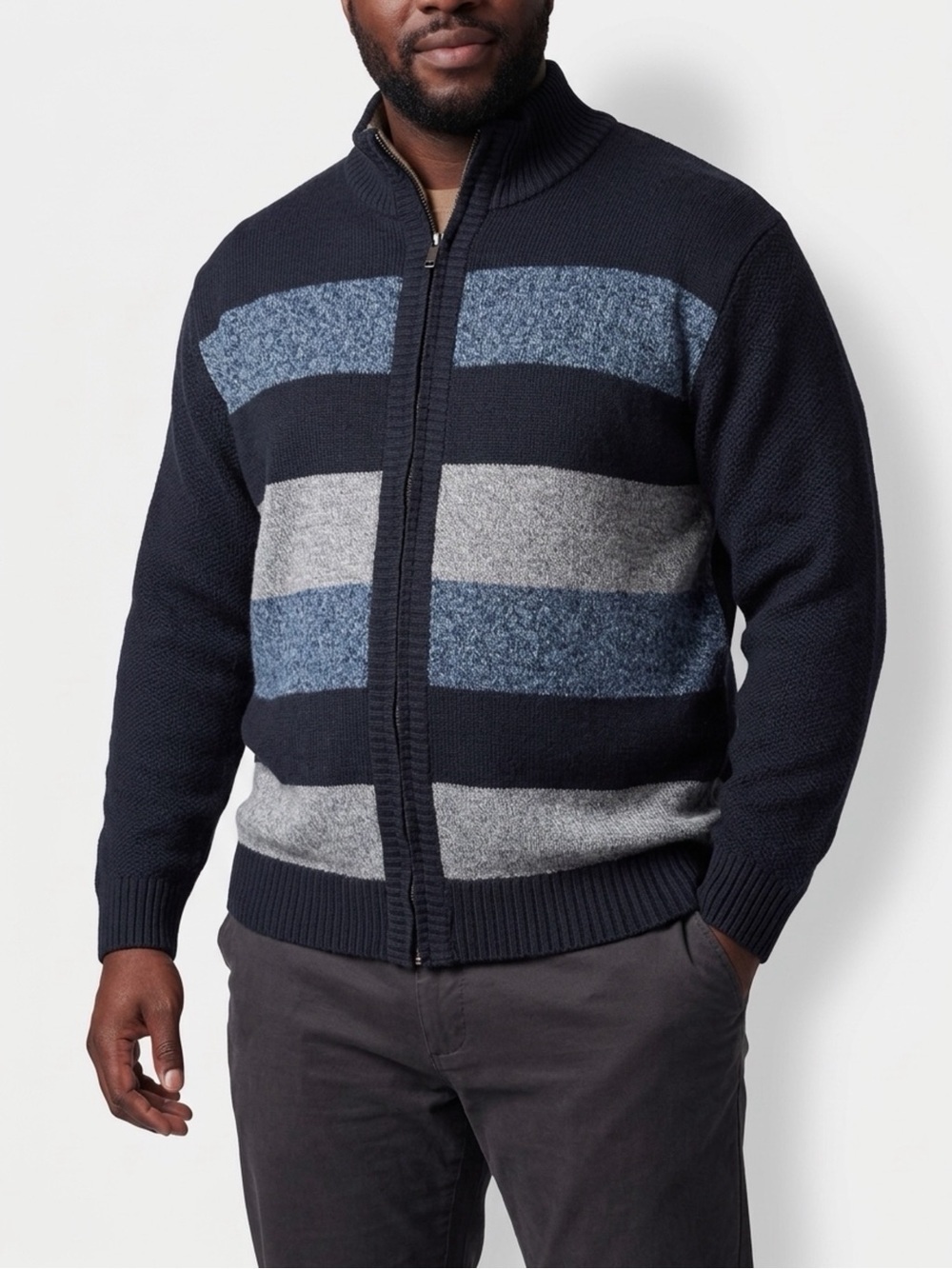 Therma Tek Men's XXL Fleece-Lined Striped Full-Zip Knitted Cardigan Sweater